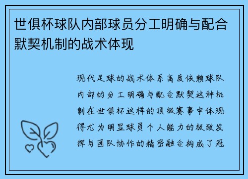 世俱杯球队内部球员分工明确与配合默契机制的战术体现