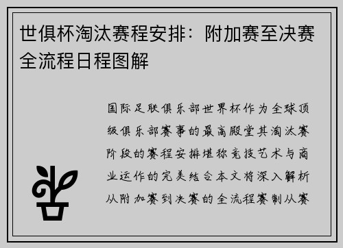 世俱杯淘汰赛程安排：附加赛至决赛全流程日程图解